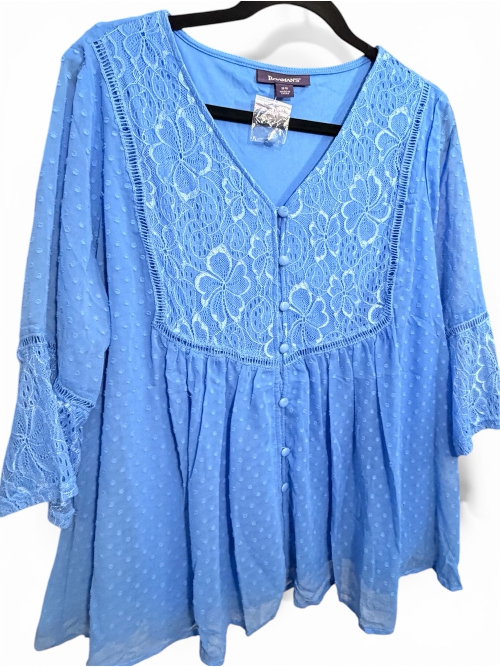 Roaman's Light Blue Lace Front Button Tunic NWOT